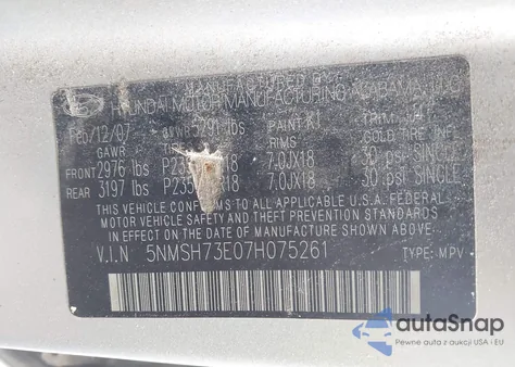 2007 Hyundai Santa Fe Limited/Se from USA, damaged, VIN 5NMSH73E07H075261